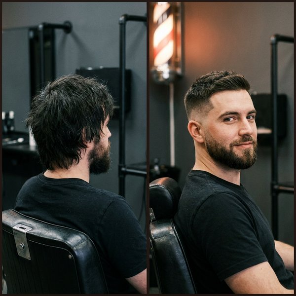 Antes y después de un mid fade con barba perfilada