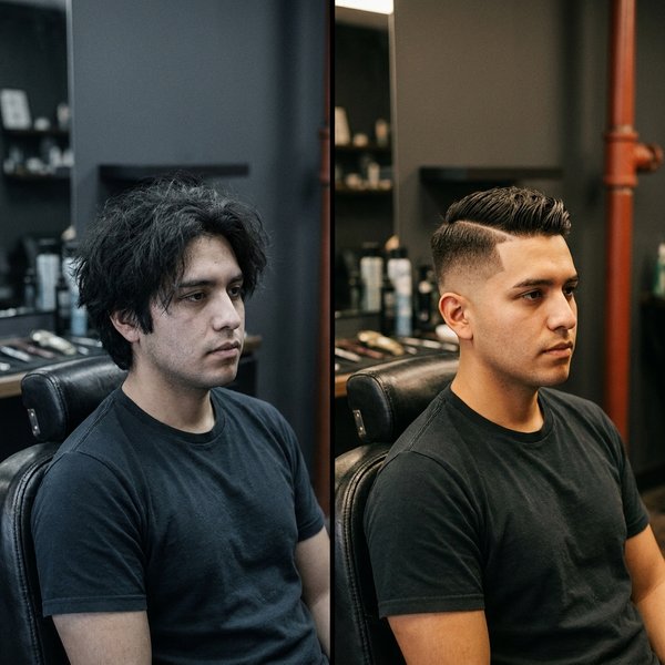 Antes y después de un skin fade con línea a máquina
