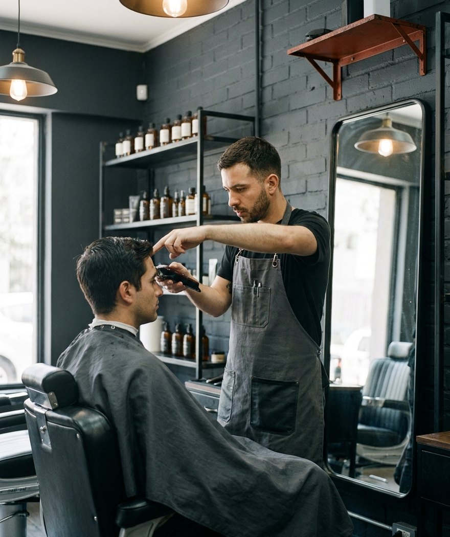 Barbero haciendo un fade en Bandido Barbería, Providencia