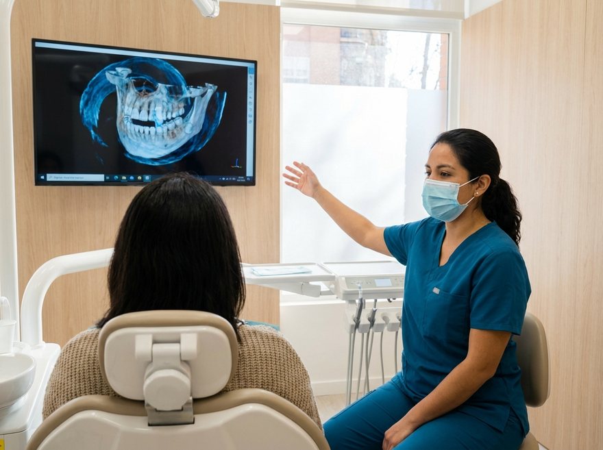 Dentista explicando un escáner dental en pantalla
