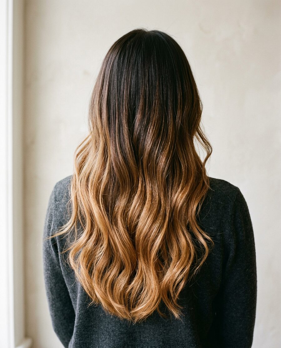Balayage pintado a mano, de raíz oscura a puntas miel