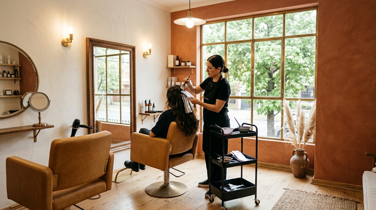 Javiera pintando un balayage en el salón de Ámbar Estudio de Color